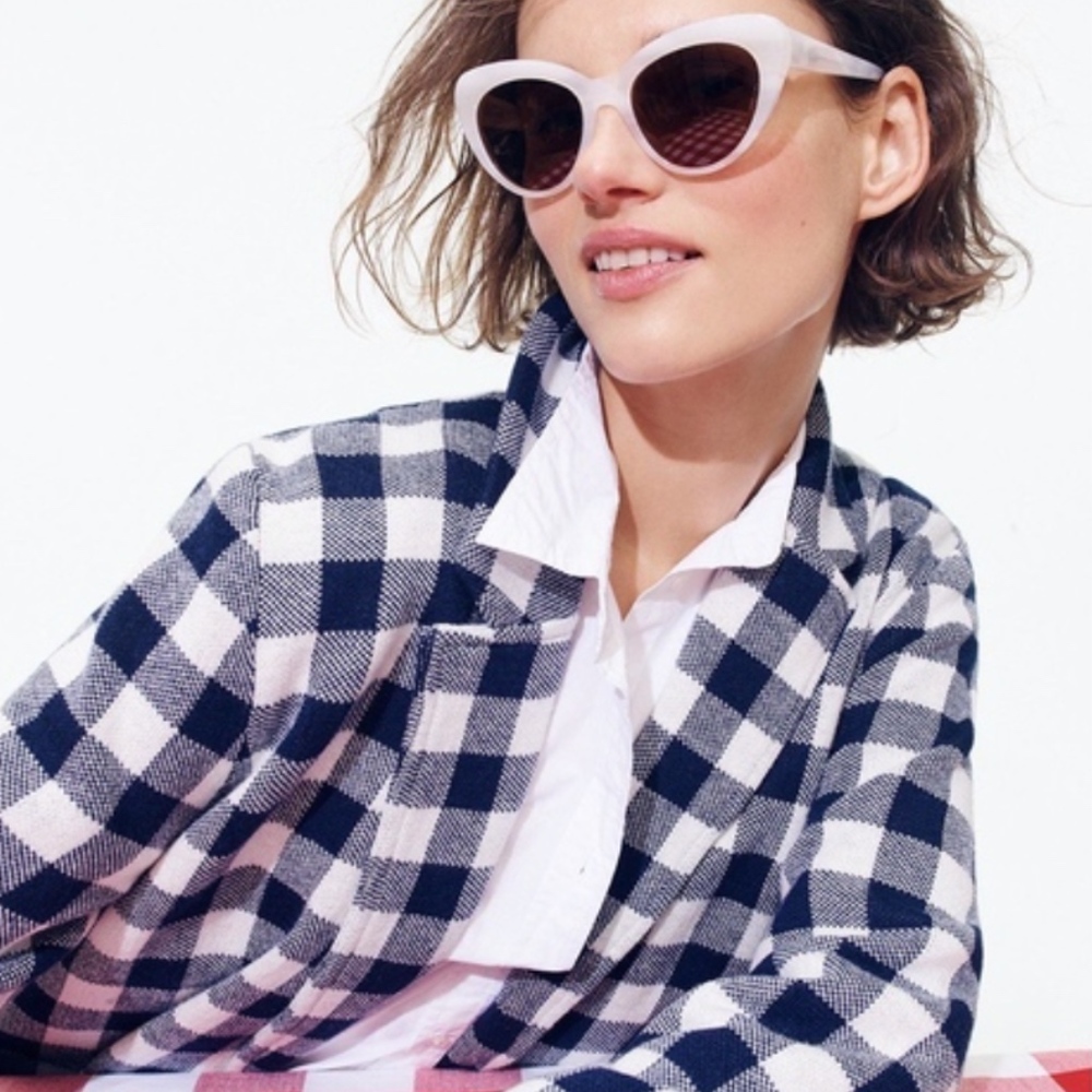 J. Crew Navy Gingham Open Front Sweater Blazer